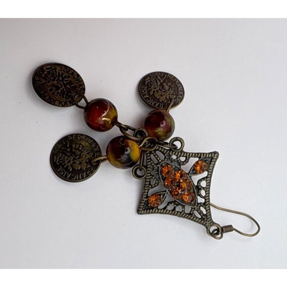 Vintage French Coin Chandelier Earrings Dangle with Orange Rhinestones Retro - Picture 4 of 6